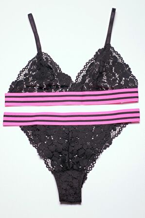 SİYAH PEMBE ÇİZGİLİ LASTİKLİ FULL DANTEL BRALET TAKIM DS20095BRT