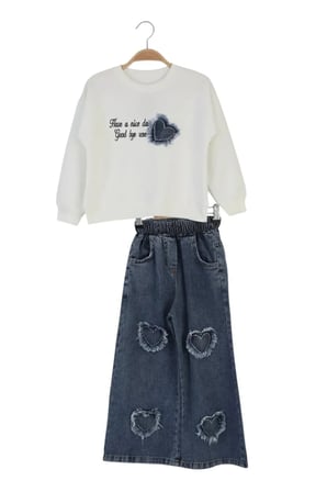 Kız Çocuk Bayramlık Günlük - Casual Geniş-Bol Paça Palazzo Kot Pantolon-Sweatshirt ikili takım — Beyaz - Mavi