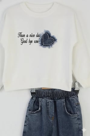 Kız Çocuk Bayramlık Günlük - Casual Geniş-Bol Paça Palazzo Kot Pantolon-Sweatshirt ikili takım — Beyaz - Mavi