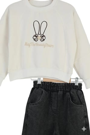 Kız Çocuk Bayramlık Günlük - Casual Geniş-Bol Paça Palazzo Kot Pantolon-Sweatshirt ikili takım — Beyaz - Siyah