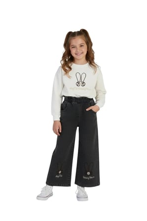 Kız Çocuk Bayramlık Günlük - Casual Geniş-Bol Paça Palazzo Kot Pantolon-Sweatshirt ikili takım — Beyaz - Siyah