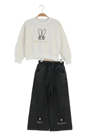 Kız Çocuk Bayramlık Günlük - Casual Geniş-Bol Paça Palazzo Kot Pantolon-Sweatshirt ikili takım — Beyaz - Siyah