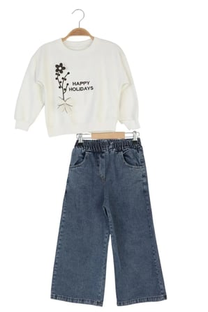 Kız Çocuk Bayramlık Günlük - Casual Geniş-Bol Paça Palazzo Kot Pantolon-Sweatshirt ikili takım — Beyaz