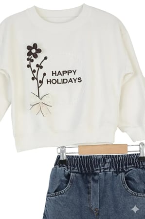 Kız Çocuk Bayramlık Günlük - Casual Geniş-Bol Paça Palazzo Kot Pantolon-Sweatshirt ikili takım — Beyaz