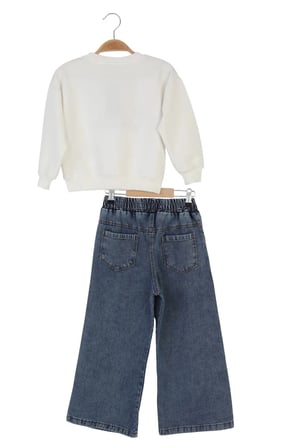Kız Çocuk Bayramlık Günlük - Casual Geniş-Bol Paça Palazzo Kot Pantolon-Sweatshirt ikili takım — Beyaz