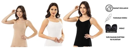 KOTA 6349 KADIN PEDLİ LİKRALI İP ASKILI KARIŞIK RENKLİ ATLET 3 ADET