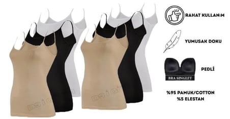 KOTA 6349 KADIN PEDLİ LİKRALI İP ASKILI KARIŞIK RENKLİ ATLET 6 ADET