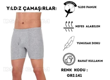 YILDIZ ÇAMAŞIR 141 ERKEK SÜPREM PAÇALI GRİ BOXER TEKLİ