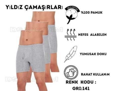 YILDIZ ÇAMAŞIR 141 ERKEK SÜPREM PAÇALI GRİ BOXER 3 ADET