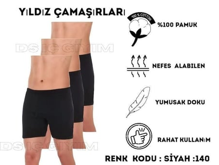 YILDIZ ÇAMAŞIR 140 ERKEK SÜPREM PAÇALI SİYAH BOXER 3 ADET