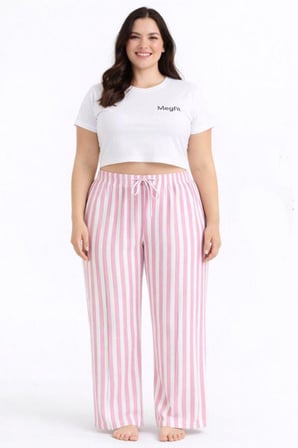 Viskon Pamuklu Kadın Büyük Beden Pudra Pembe Çizgili Pijama Pantolon - MGB004 - Mudanis