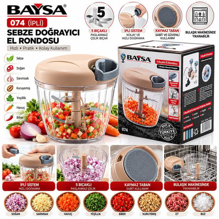 İpli 5 Bıçaklı Sebze Doğrayıcı - Kaymaz Taban, Paslanmaz Bıçak