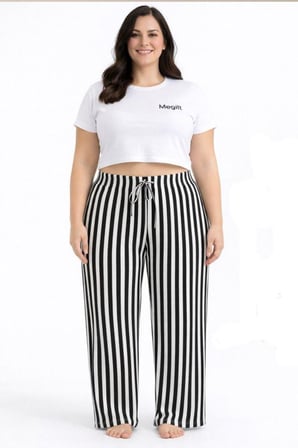 Viskon Pamuklu Kadın Büyük Beden Siyah Çizgili Pijama Pantolon - MGB001 - Mudanis
