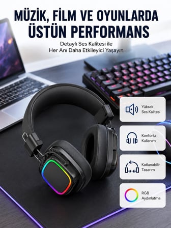 Rgb Işıklı Katlanabilir Bluetooth 5.3 Kulak Üstü Kulaklık