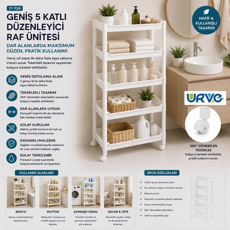 5 Katlı Tekerlekli Sepet Organizer Raf Ünitesi (355x220x850 mm)