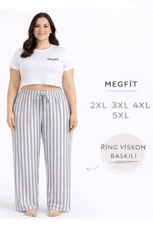 Viskon Pamuklu Kadın Büyük Beden Açık Gri Çizgili Pijama Pantolon - MGB006 - Mudanis
