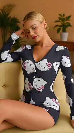 Kitty Dream Pamuklu Siyah Kedicik Desenli Düğmeli Uzun Kol Tulum Pijama