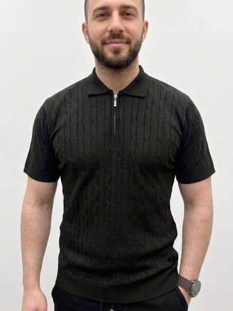 Erkek Yazlık Triko Saç Örgü Tişört Kısa Kol Polo Yaka Fermuarlı T-Shirt - Siyah