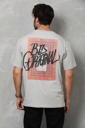 Bisiklet Yaka Baskılı Oversize T-Shirt - Gri