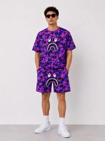 Erkek Oversize Kalıp Pubg Bape X Shark Nakışlı Cepli Şort Takım - Mor