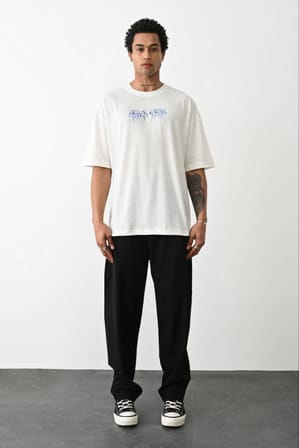 Baskılı Oversize T-Shirt - Beyaz
