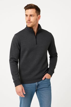 Dik Yaka Sweatshirt Dik Yaka Yarım Fermuarlı 3 İplik Şardonlu Pamuk Kumaş - Antrasit