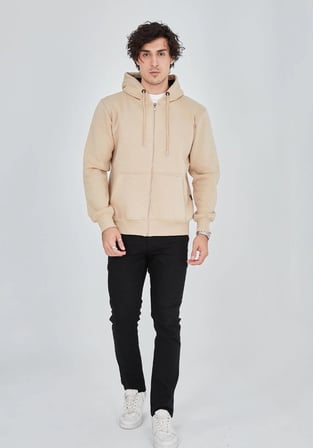 Tam Fermuarlı Kapşonlu  SweatShirt - Bej