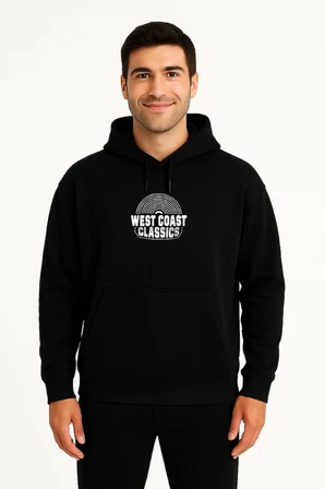 Kapşonlu Sweatshirt – “West Coast Classics” Ön  Arka Baskılı,- Siyah