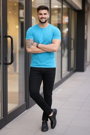 Erkek Body Tişört Bisiklet Yaka Slim Fit Likralı T-Shirt - Açık Mavi