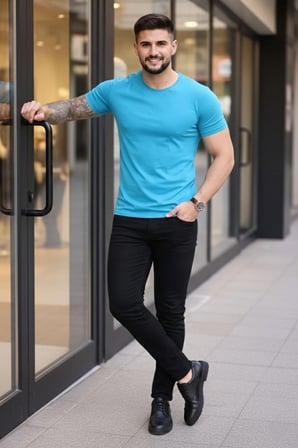 Erkek Body Tişört Bisiklet Yaka Slim Fit Likralı T-Shirt - Açık Mavi
