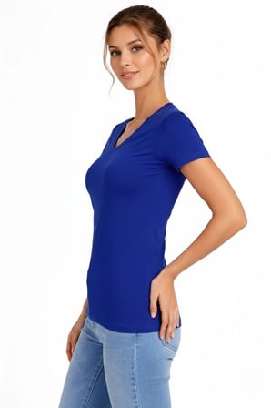 Kadın V Yaka Tişört Kısa Kol Slim Fit T-shirt 3'lü Set Pembe-Saks Mavi-Ekru