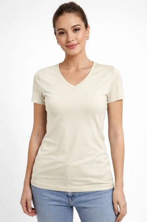 Kadın V Yaka Tişört Kısa Kol Slim Fit T-shirt 3'lü Set Pembe-Saks Mavi-Ekru