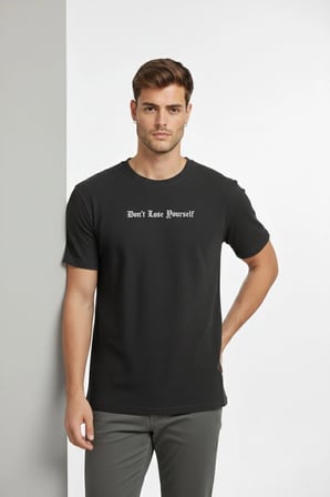 Erkek Wafıl Kumaş Tişört Regular Kalıp Bisiklet Yaka Baskılı T-Shirt - Siyah
