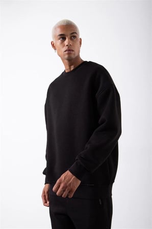 Marsilyan Erkek Sweatshirt Bisiklet Yaka Siyah Uzun Kol Oversize 2XL