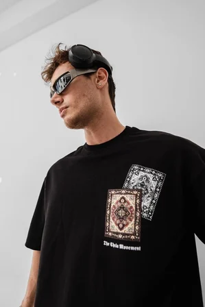 Baskılı Oversize T-shirt - Siyah
