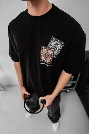 Baskılı Oversize T-shirt - Siyah