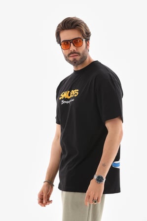 Bisiklet Yaka Baskılı Oversize T-Shirt - Siyah