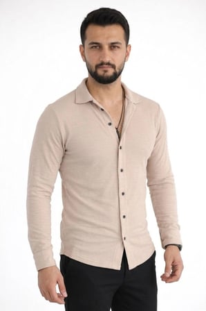 Erkek Waffle Kumaş Uzun Kollu Düğmeli Açık Yaka Regular Fit Gömlek - Bej