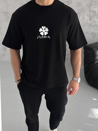 Bisiklet Yaka Baskılı Oversize T-Shirt - Siyah