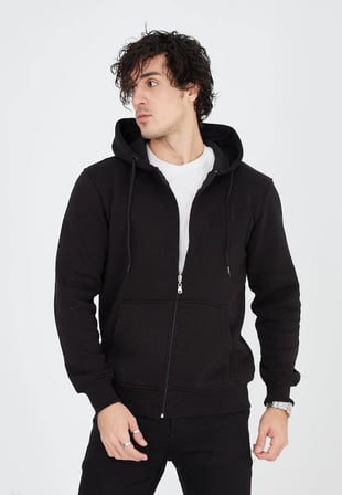 Marsilyan Erkek Çocuk Sweatshirt Siyah Pamuklu 3 İplik Kapüşonlu Fermuarlı 2XL