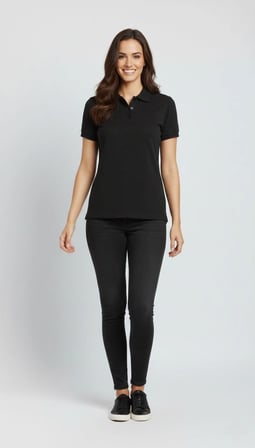 Kadın Polo Yaka Tişört Pike Kumaş Kısa Kol Regular Fit Yazlık T-Shirt - Siyah