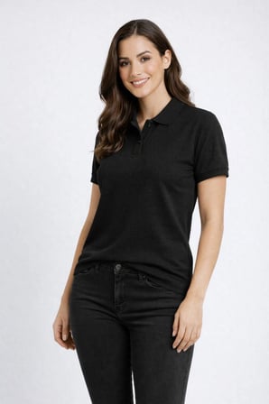 Kadın Polo Yaka Tişört Pike Kumaş Kısa Kol Regular Fit Yazlık T-Shirt - Siyah