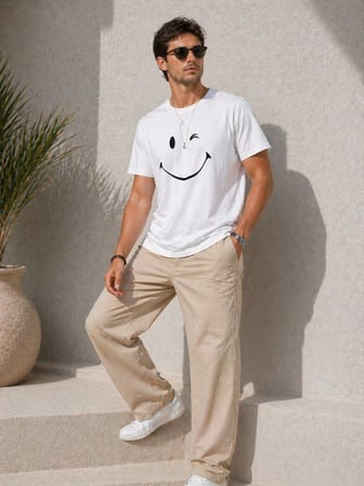 Erkek Minimal Gülümseyen Yüz Baskılı Tişört Kısa Kol Yazlık T-Shirt - Beyaz