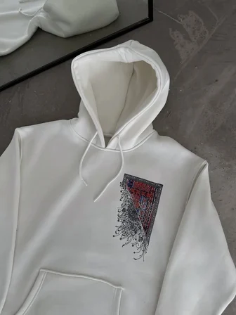 Uzun Kol Kapüşonlu Ön Ve Arka Baskılı SweatShirt - Beyaz