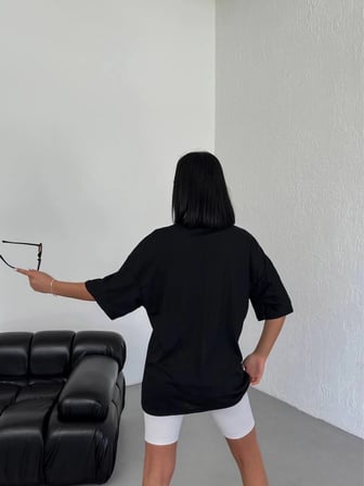 Bisiklet Yaka Baskılı Oversize T-Shirt - Siyah