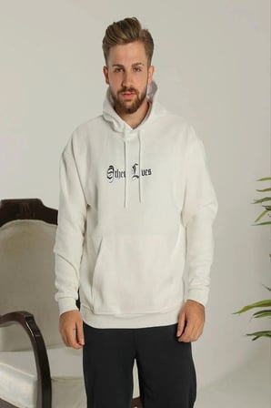 Kapşonlu Sweatshirt – Oversize “Other Lives” Ön  Arka Baskılı,- Beyaz