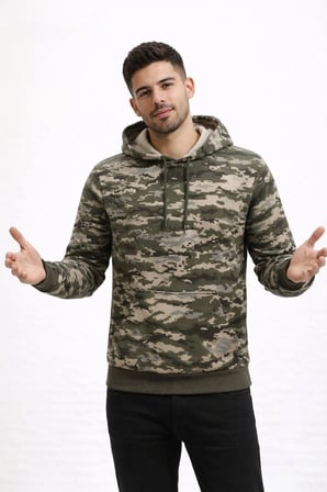 Erkek Kamuflaj Desenli 2 İplik 4 Mevsim Kapüşonlu Kanguru Cepli Hoodie Sweatshirt - Kamuflaj