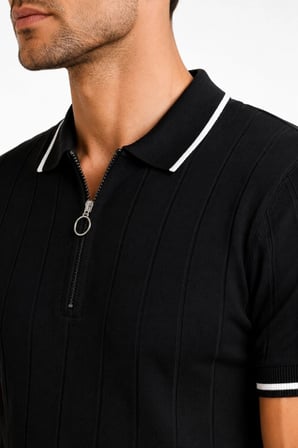 Erkek Fitilli Triko T-shirt Polo Yaka Yarım Fermuarlı Kısa Kollu Tişört - Siyah