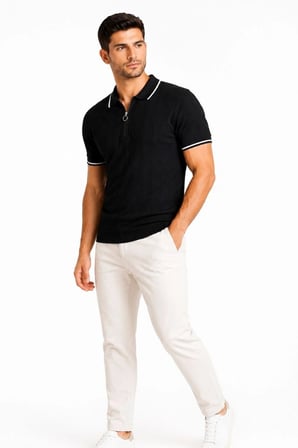 Erkek Fitilli Triko T-shirt Polo Yaka Yarım Fermuarlı Kısa Kollu Tişört - Siyah