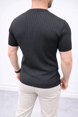 Erkek Kısa Kol Fitilli Triko T-Shirt Yazlık Hakim Yaka Tişört - Siyah